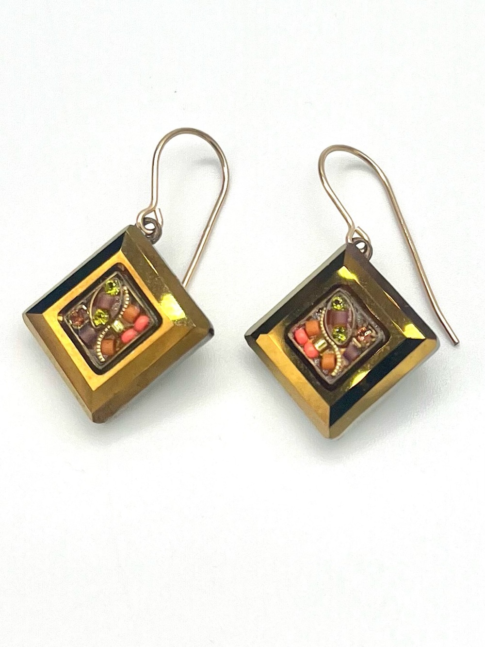 14k Gold filled Square Drop Mosaic Firefly Earrings with Coral and Green Accents
